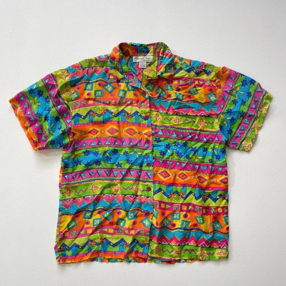 Vintage 90s Colorful Patterned Silk Button Up Shirt Sz M / Oscar De La Renta